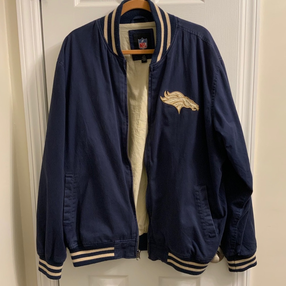 Blue distressed Denver Broncos bomber jacket